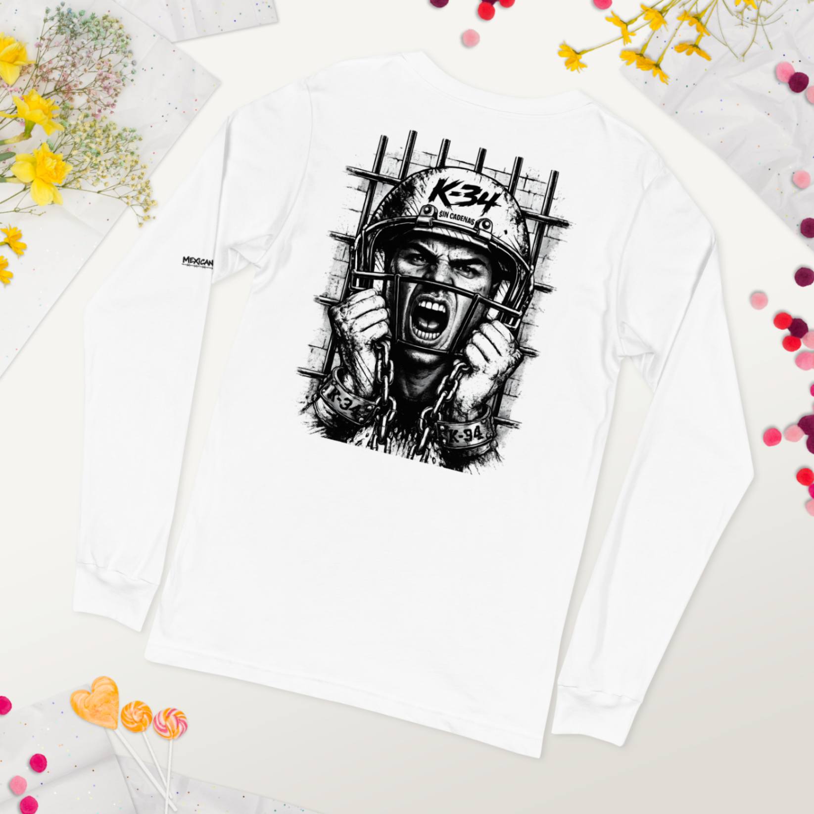 Long sleeve K-34 SIN CADENAS® blanca con arte oficial GUERRERO al reverso