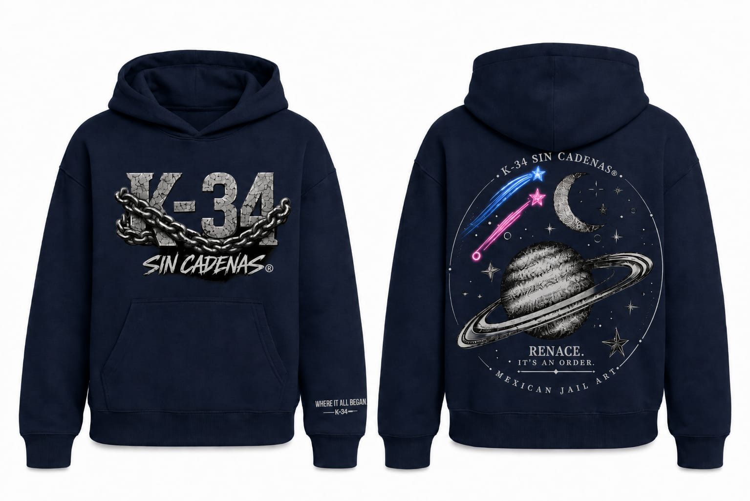 Hoodie K-34 SIN CADENAS® azul marino: logo cadenas metálico al frente e insignia Saturno al reverso