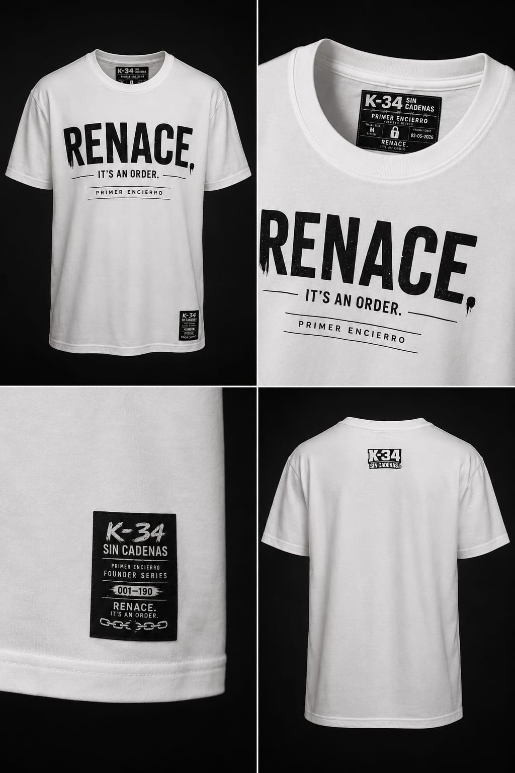Playera RENACE · Primer Encierro — Blanco — K-34 SIN CADENAS®