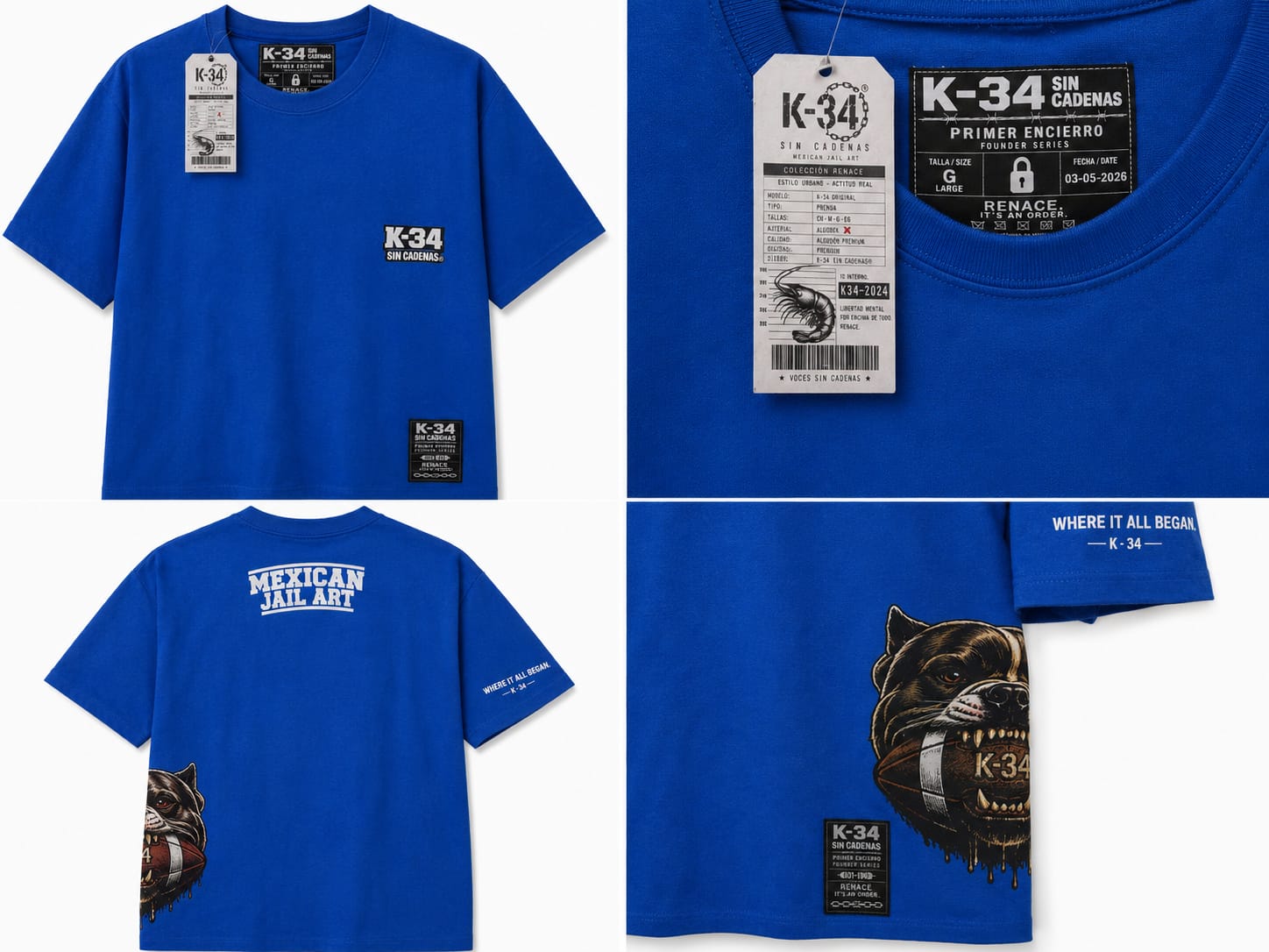 Playera K-34 Azul Rey · Mexican Jail Art — Azul rey — K-34 SIN CADENAS®