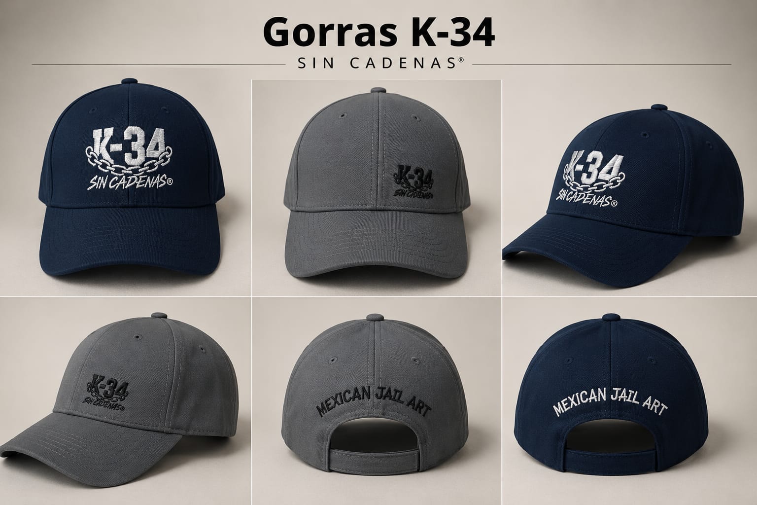 Gorra K-34 Bordada — Azul marino / Gris — K-34 SIN CADENAS®