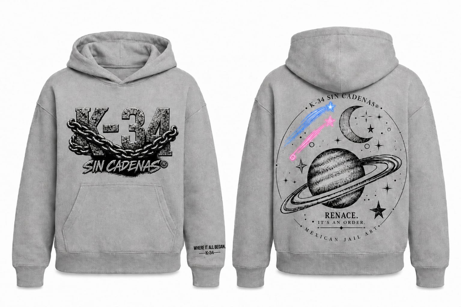 Hoodie K-34 SIN CADENAS® gris jaspeado: logo cadenas al frente e insignia Saturno al reverso