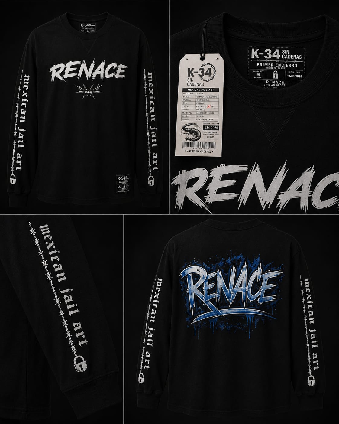 Manga Larga RENACE · Mexican Jail Art — Negro — K-34 SIN CADENAS®