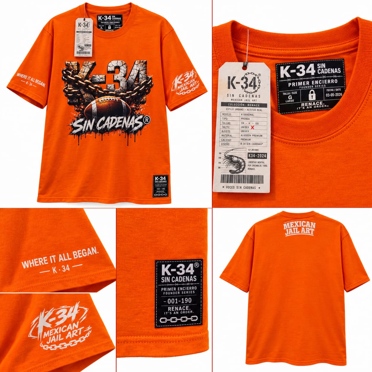 Playera K-34 Cadenas · Espalda Mexican Jail Art — Naranja — K-34 SIN CADENAS®