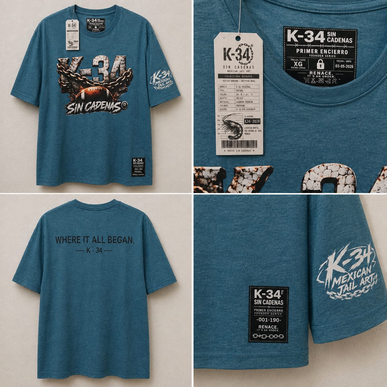 Playera K-34 Cadenas · Where It All Began — Azul petróleo jaspeado — K-34 SIN CADENAS®