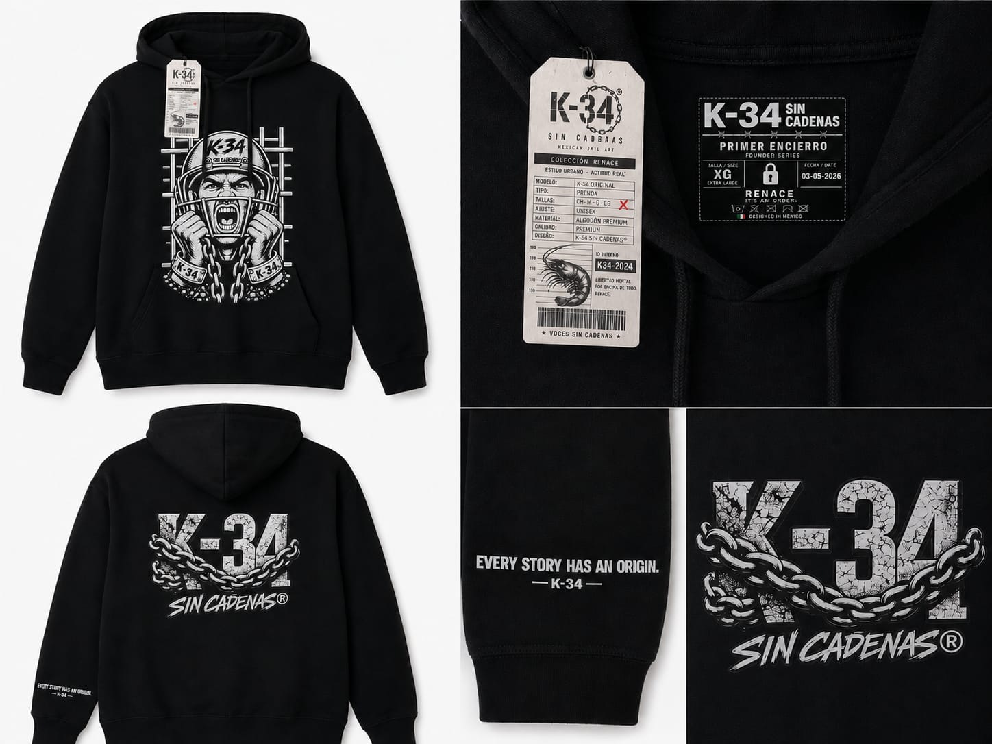 Hoodie Casco & Cadenas — Negro — K-34 SIN CADENAS®
