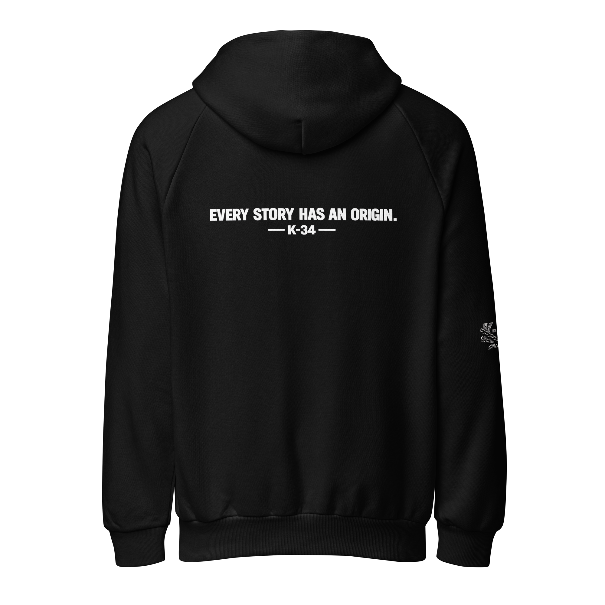 Hoodie K-34 negro con EVERY STORY HAS AN ORIGIN al reverso