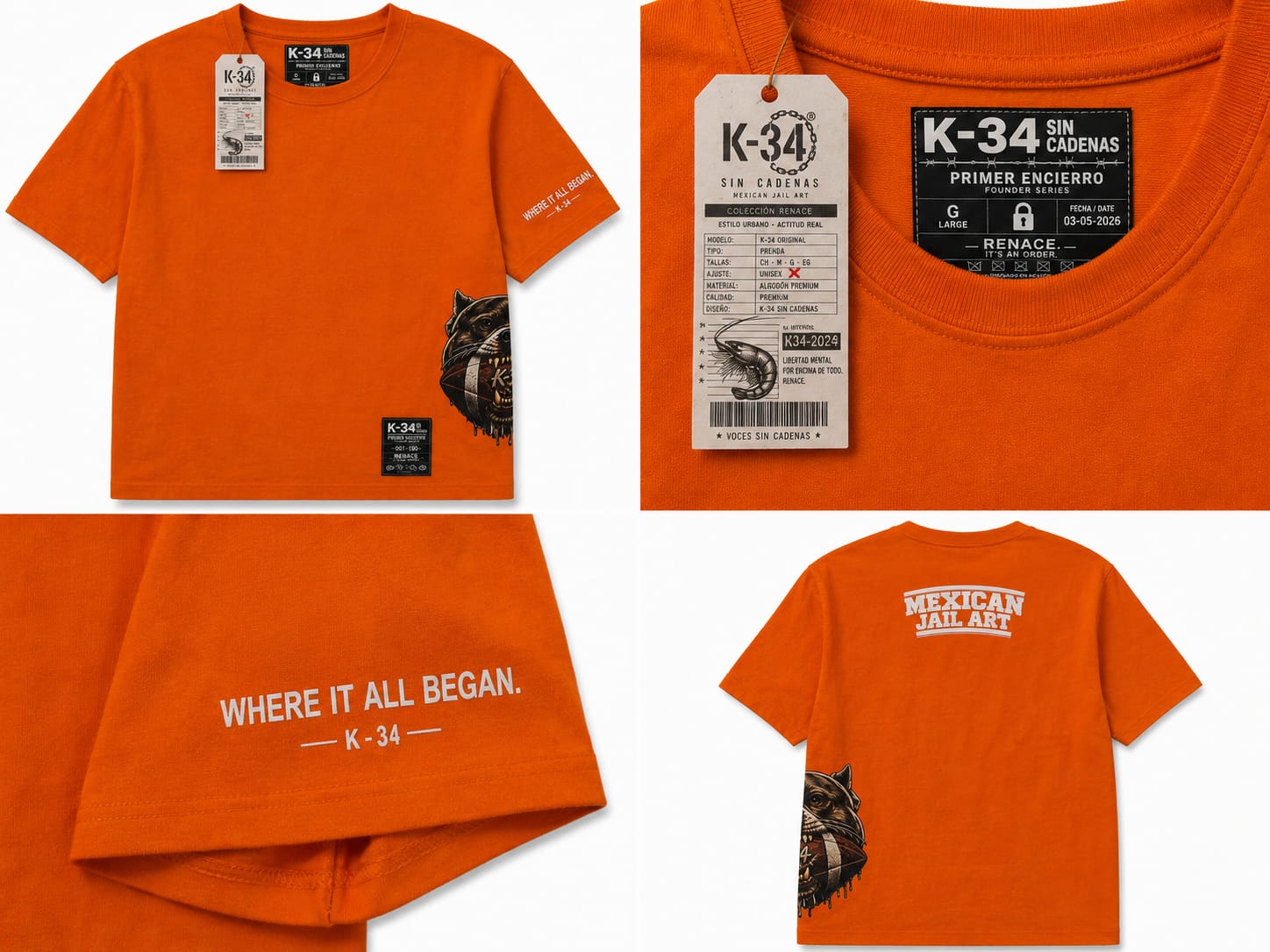 Playera Pitbull · Mexican Jail Art — Naranja — K-34 SIN CADENAS®
