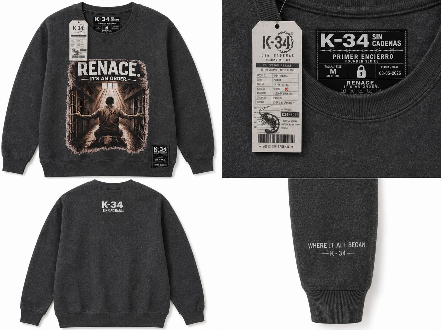 Sudadera Crewneck RENACE · It’s An Order — Gris Oxford oscuro — K-34 SIN CADENAS®