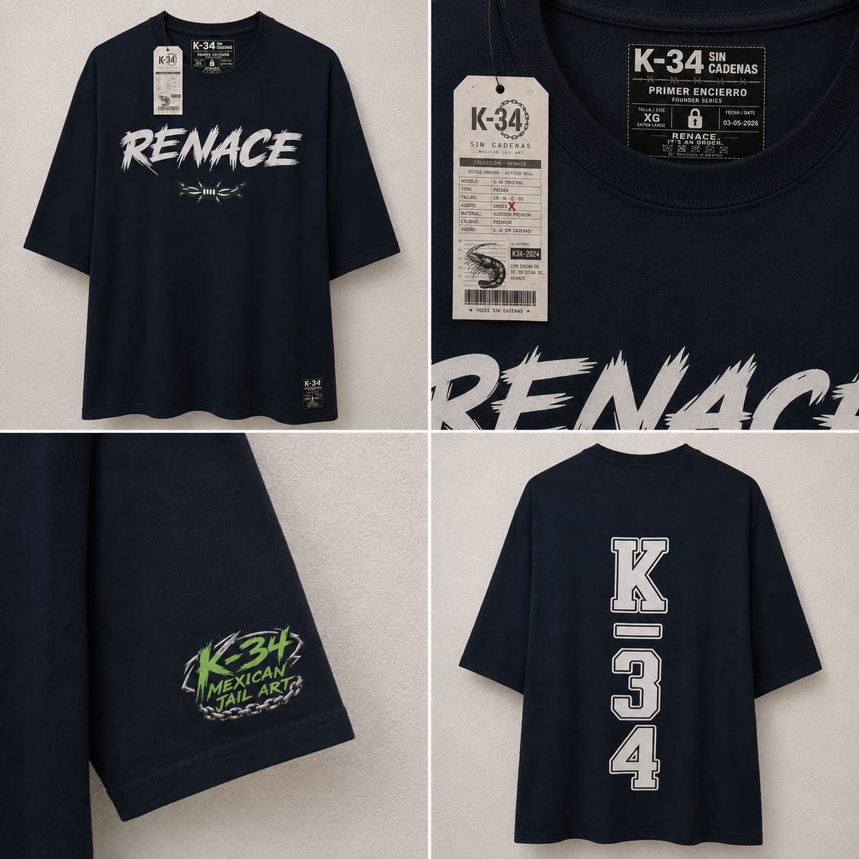 Playera RENACE Oversized — Azul marino — K-34 SIN CADENAS®