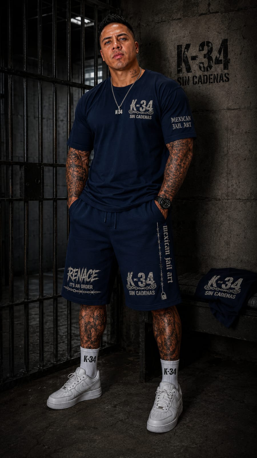 Conjunto K-34 SIN CADENAS® azul marino: playera y bermuda cargo con logo oficial