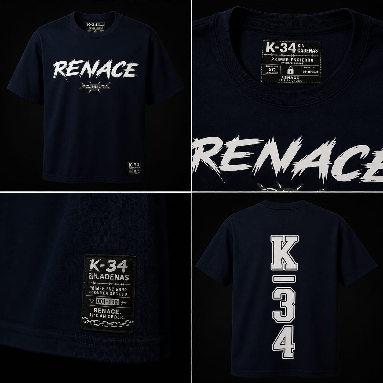 Playera RENACE · K-34 vertical — Azul marino — K-34 SIN CADENAS®