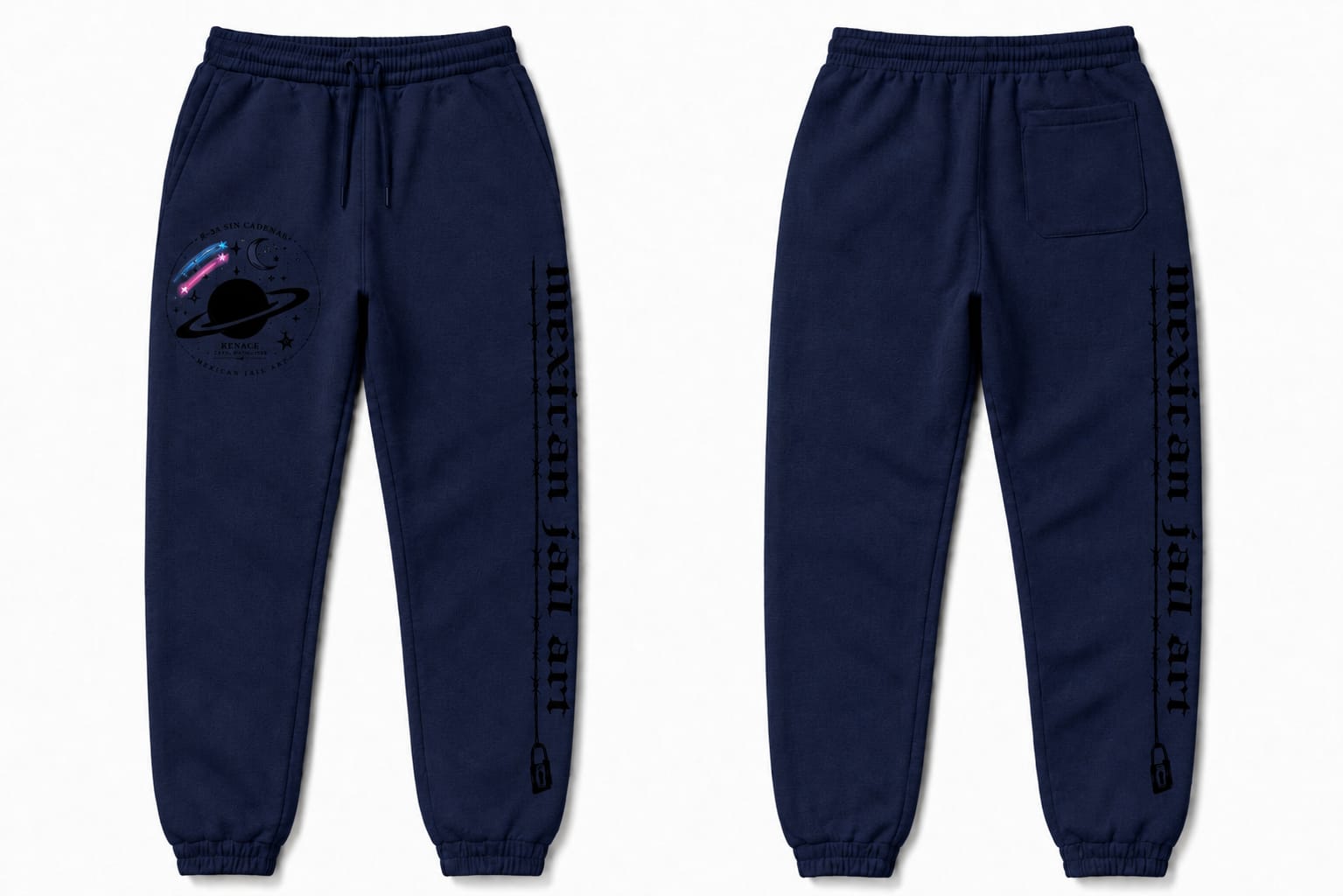 Pants K-34 SIN CADENAS® azul marino con insignia Saturno negra y Mexican Jail Art vertical en negro