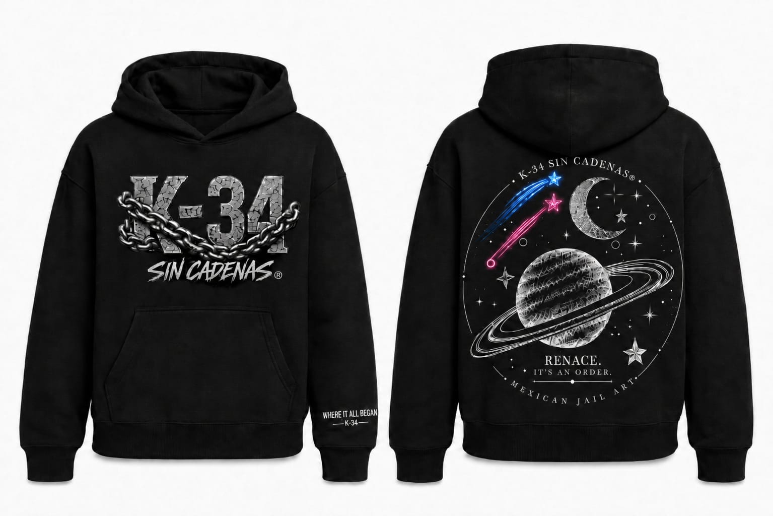 Hoodie K-34 SIN CADENAS® negro: logo cadenas metálico al frente e insignia Saturno con Renace It's an Order al reverso