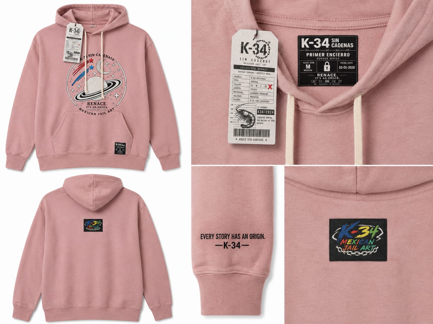Hoodie Saturno · Parche Multicolor — Rosa palo — K-34 SIN CADENAS®