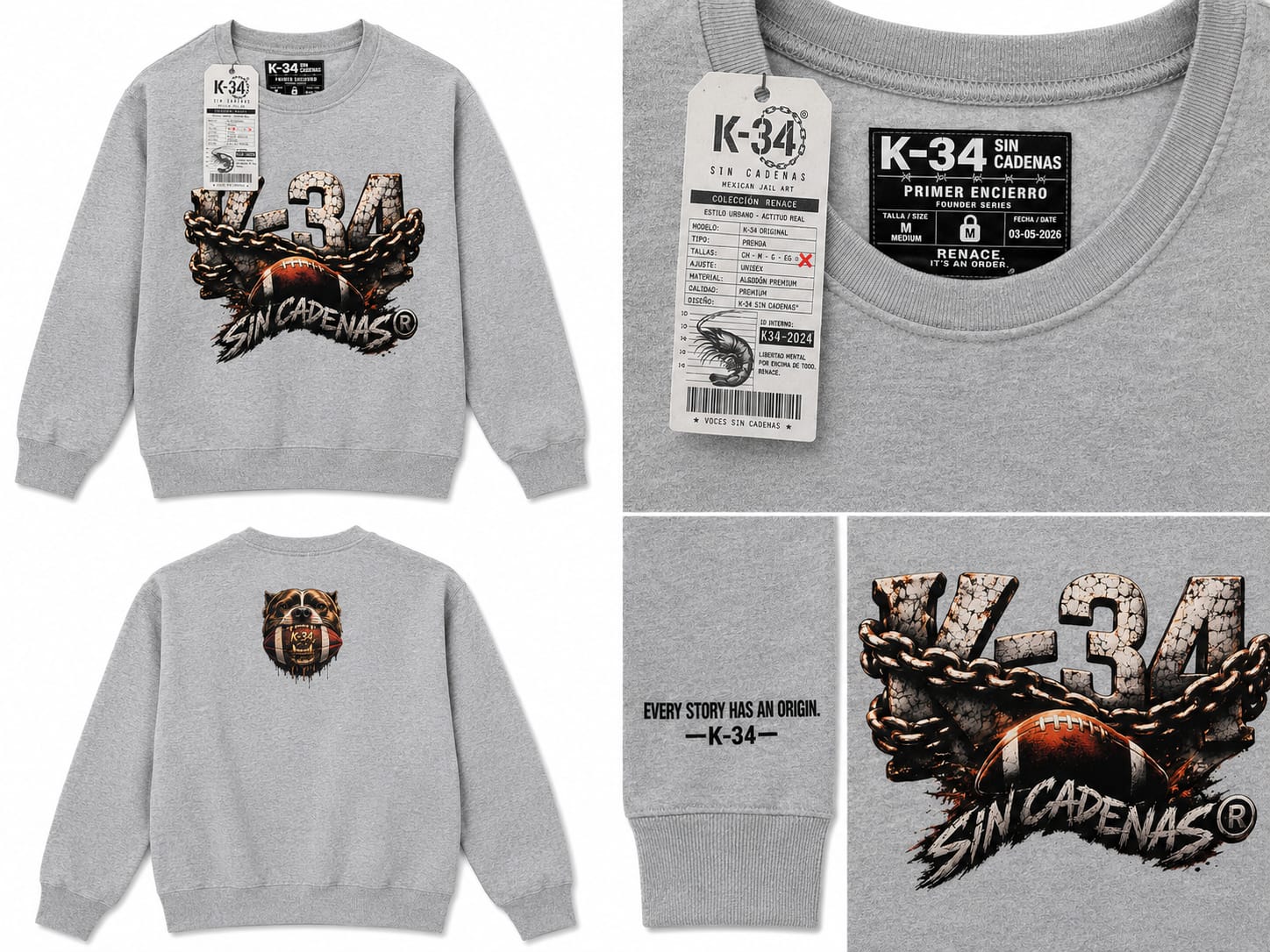 Sudadera Crewneck K-34 Cadenas — Gris jaspe — K-34 SIN CADENAS®