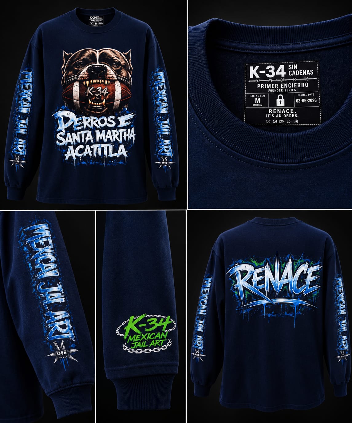 Manga Larga Perros de Santa Martha Acatitla — Azul marino — K-34 SIN CADENAS®