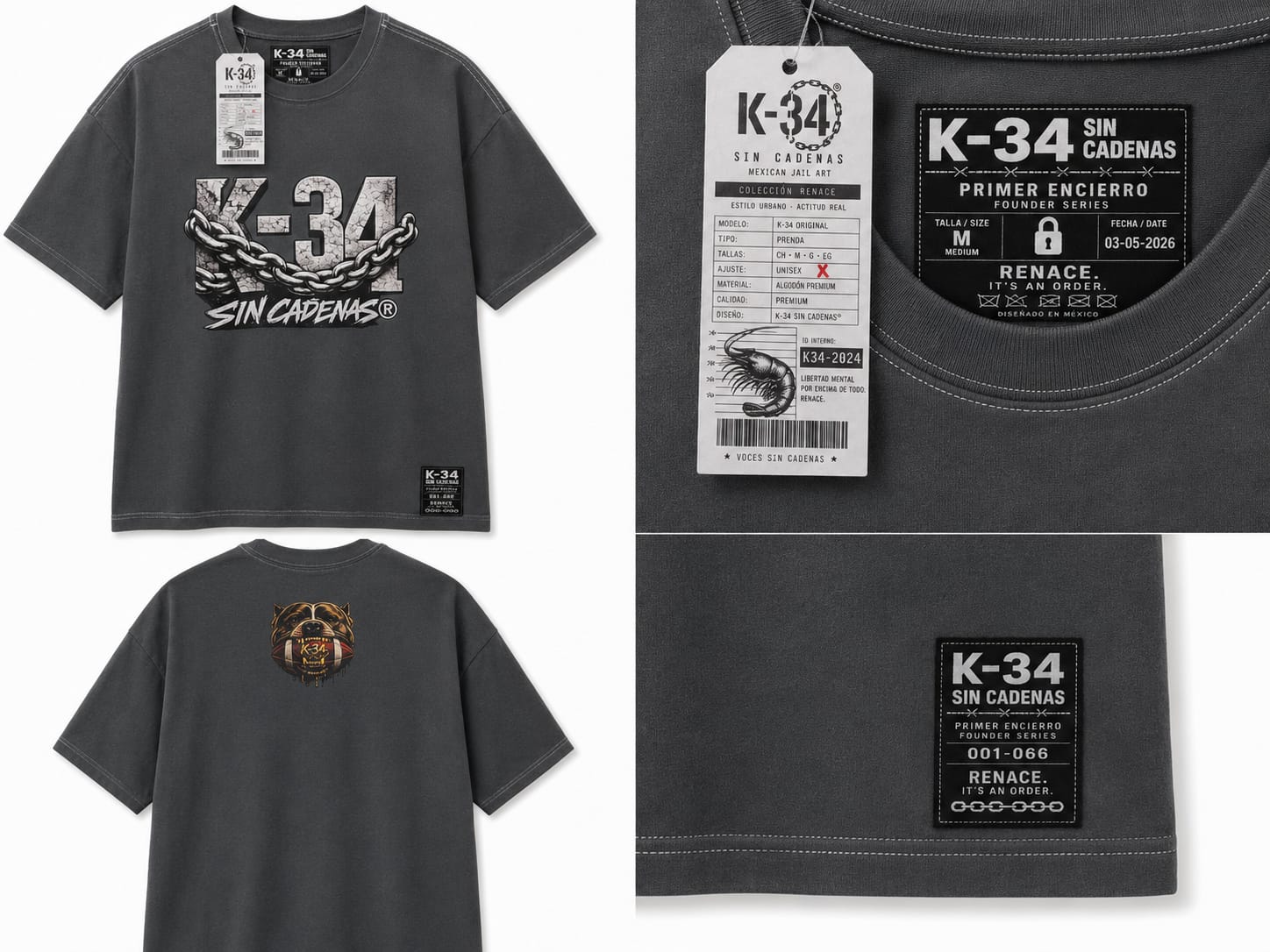 Playera K-34 Cadenas · Perros — Gris carbón / gris lavado — K-34 SIN CADENAS®