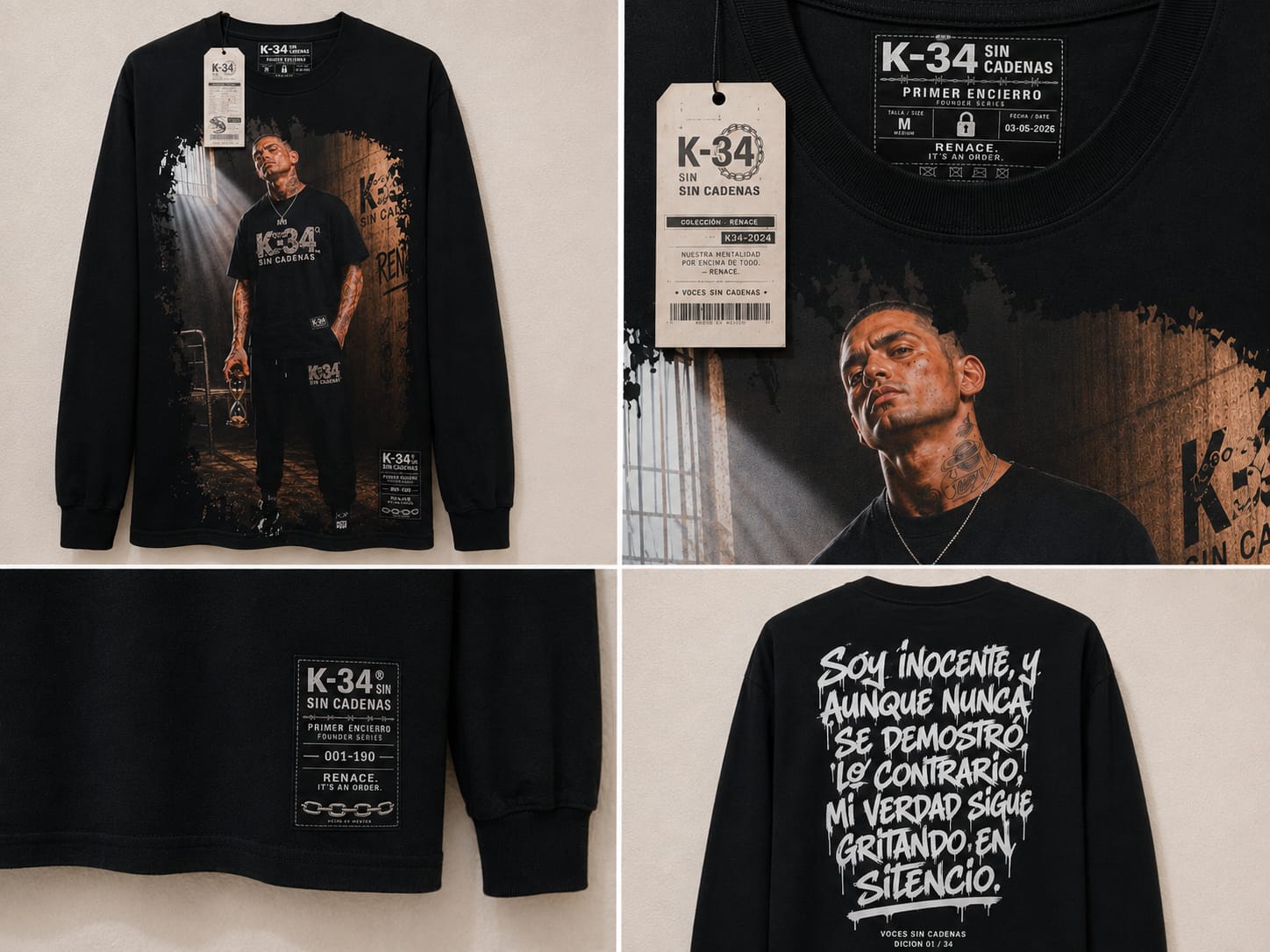 Manga Larga 1/34 · Voces Sin Cadenas · “Soy inocente…” — Negro — K-34 SIN CADENAS®