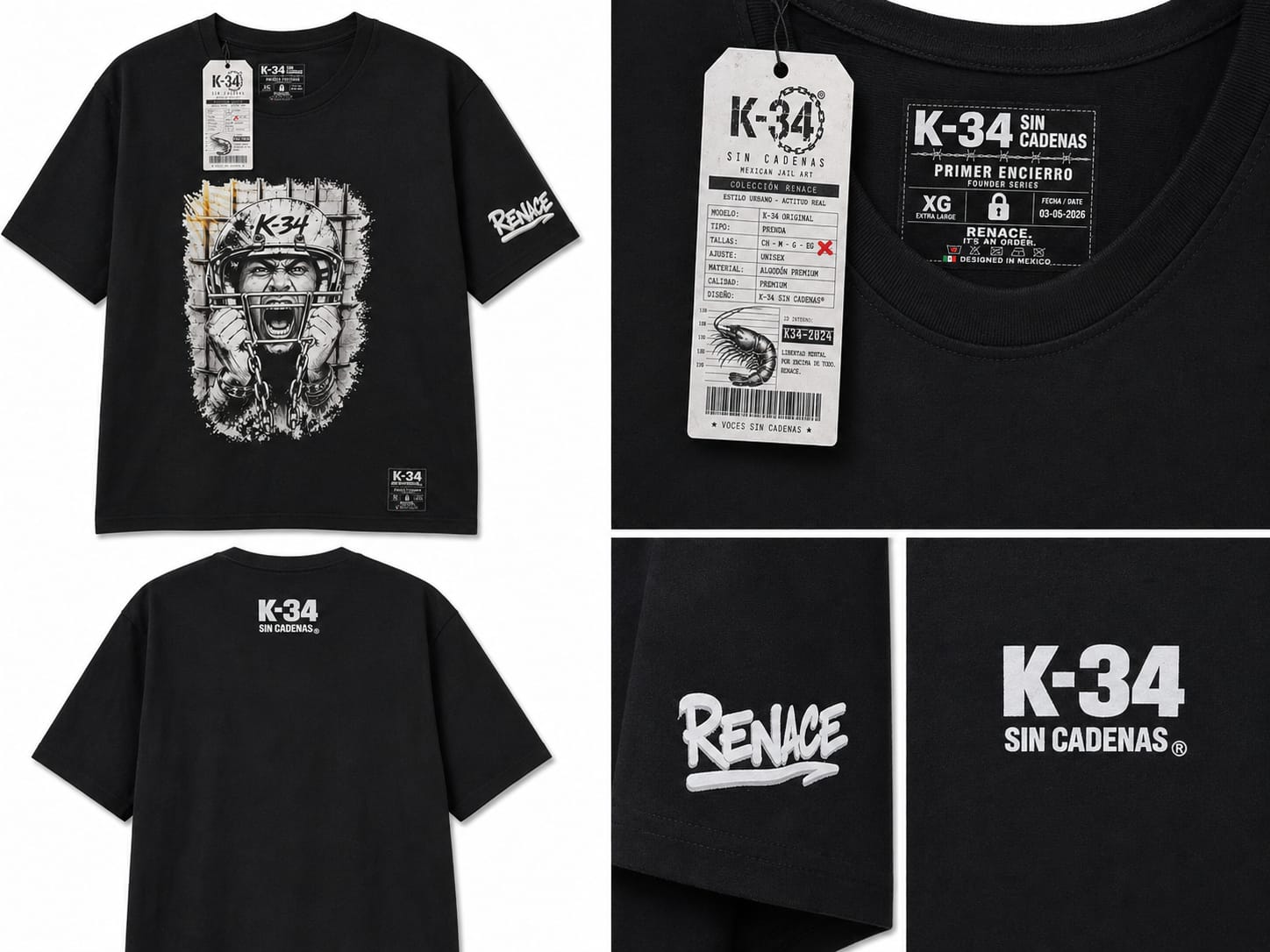 Playera Casco & Cadenas · RENACE — Negro — K-34 SIN CADENAS®