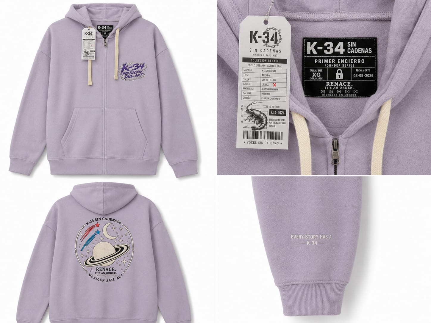 Hoodie con Cierre Saturno — Lila — K-34 SIN CADENAS®