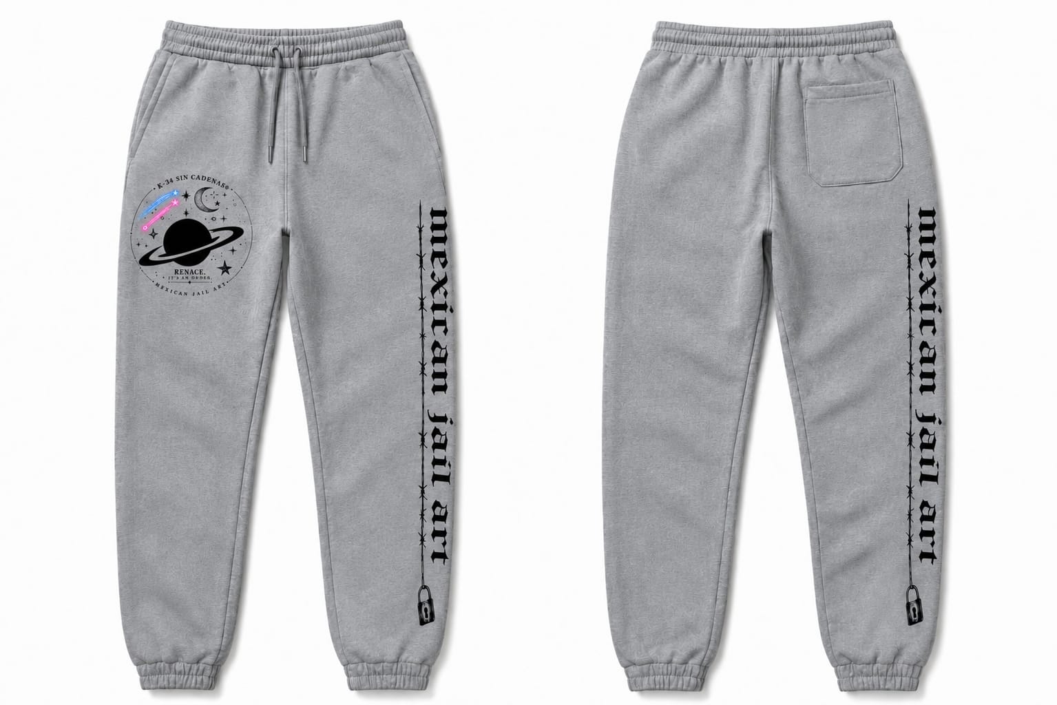 Pants K-34 SIN CADENAS® gris jaspeado con insignia Saturno frontal y Mexican Jail Art vertical en la pierna