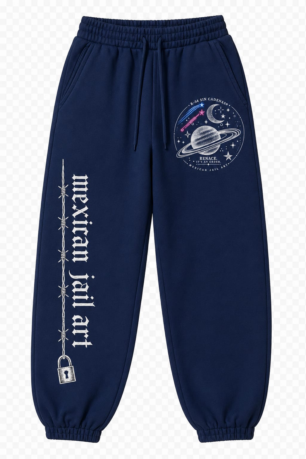 Pants K-34 SIN CADENAS® azul marino con insignia Saturno blanca y Mexican Jail Art vertical con alambre de púas