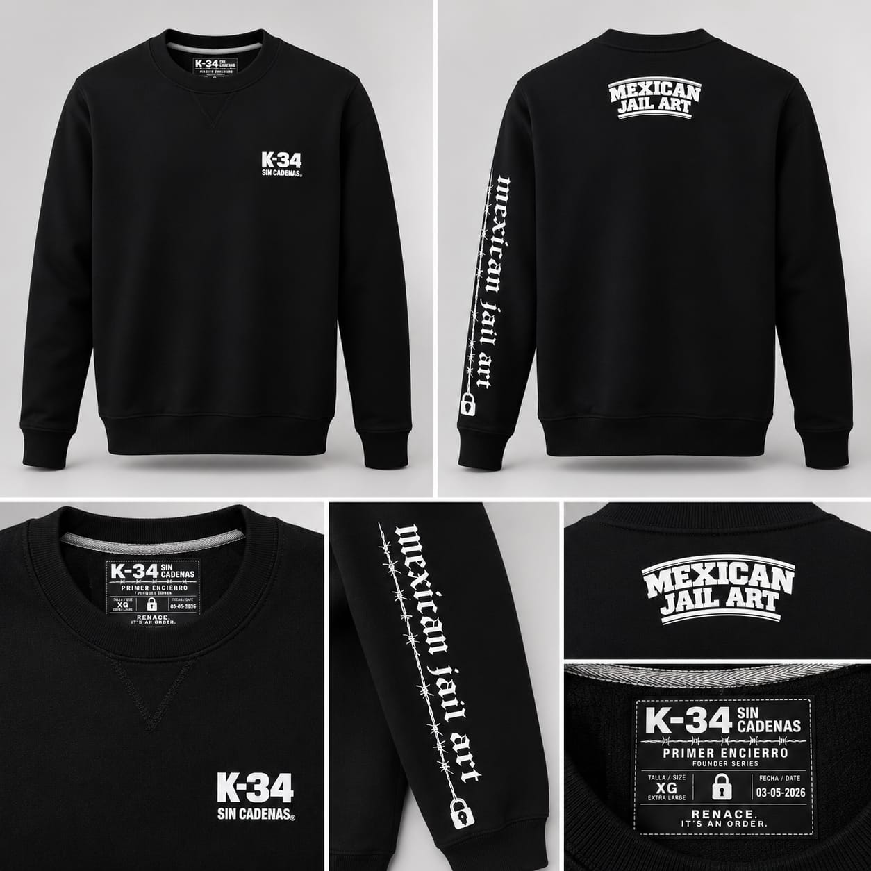 Sudadera Crewneck Mexican Jail Art — Negro — K-34 SIN CADENAS®