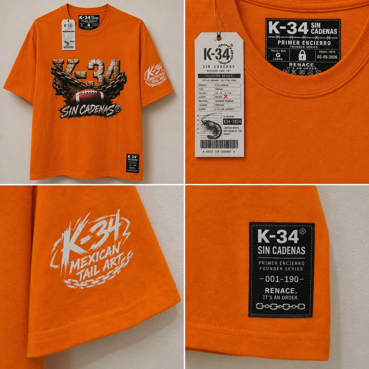 Playera K-34 Cadenas · Mexican Jail Art — Naranja — K-34 SIN CADENAS®