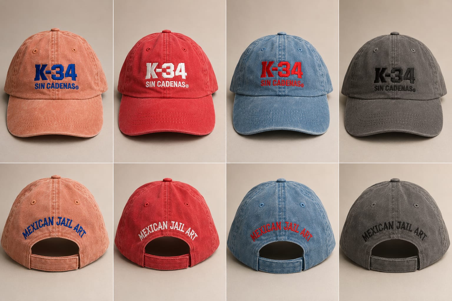 Gorra K-34 Lavada Bordada — Coral / Rojo / Azul denim / Gris oscuro — K-34 SIN CADENAS®
